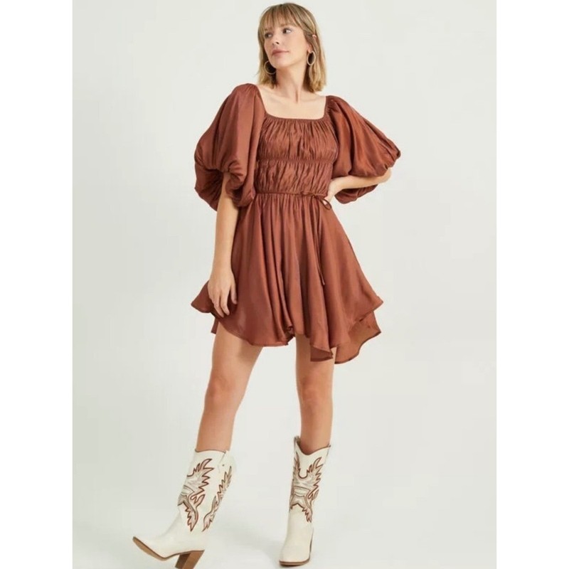 Altar’d State Brown Iridescent Smocked Puff Sleeve Mini Dress MDR1250 Large NWT