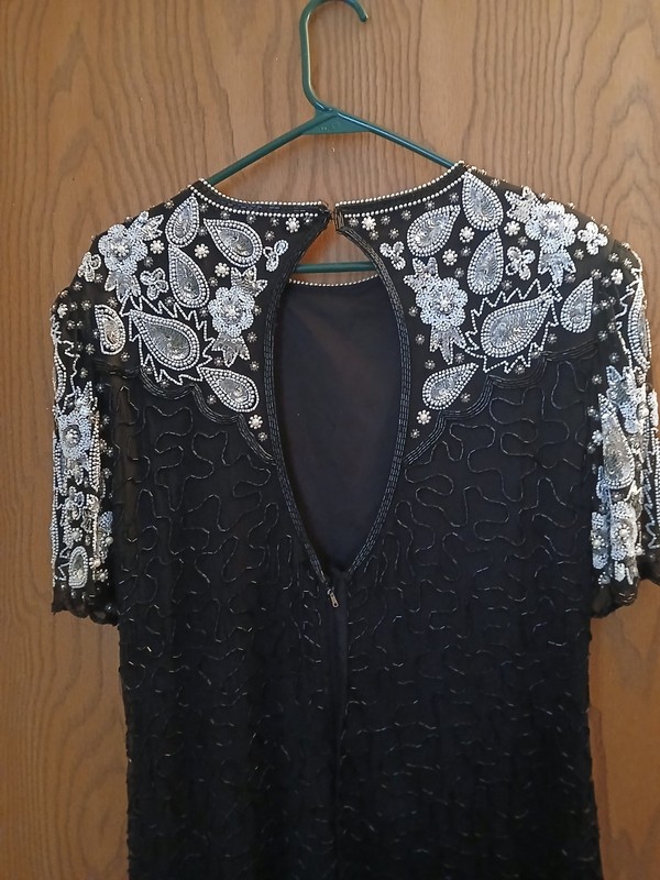 Laurence Kazar NY Black Shift Long Dress Short Sleeve Beaded Sequin L gallery