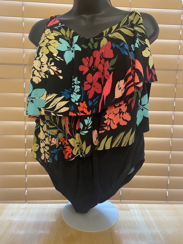 Aqua Green One- Piece, Swim Suit, Black/ Flowers Size 18W