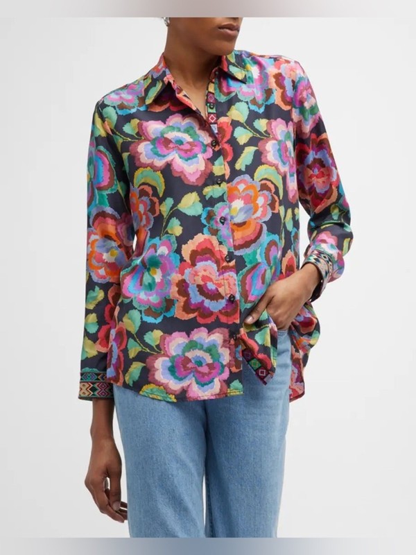 🌺 Johnny Was “Calanthe” Silk Button Down Blouse – Size XL 🌺