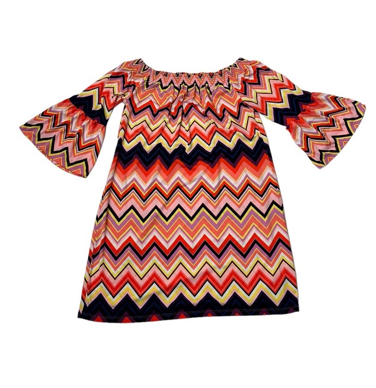 Trina Turk Retro Off The Shoulder Zig Zag Mini Swing Dress Flared Sleeve