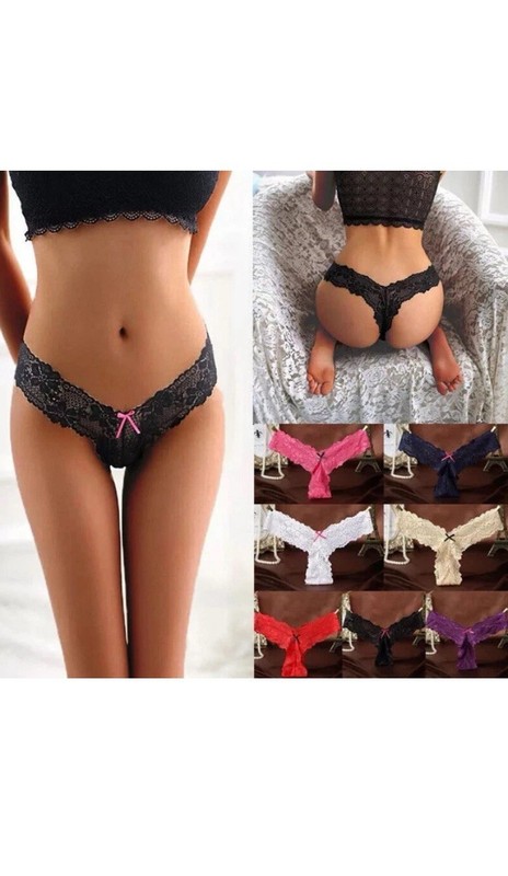 Women’s Lace Thong Panties w/ Bow, Stretch, Black, One Size, 1 Pack