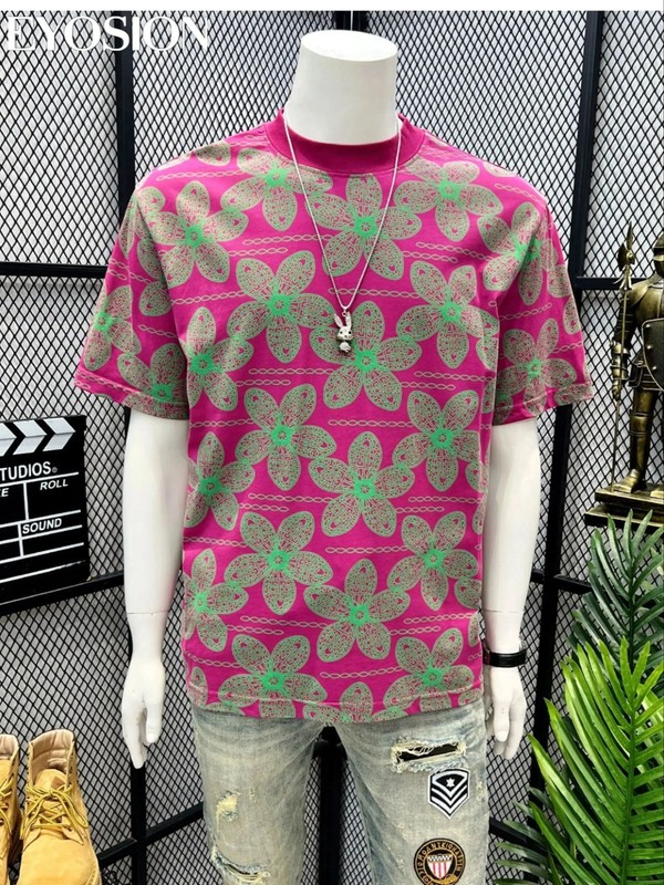 Men’s Pink Floral Print T-Shirt Casual Short Sleeve Cotton Crew Neck Summer Tee