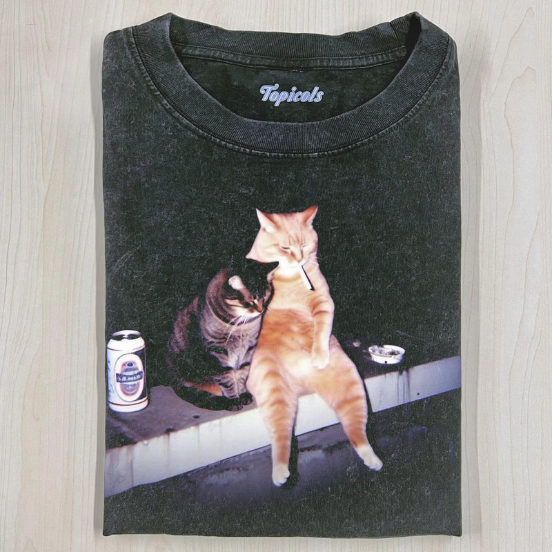 Funny Cat Smoking Cigarette Drinking Beer T- Shirt Meme Vintage Graphic