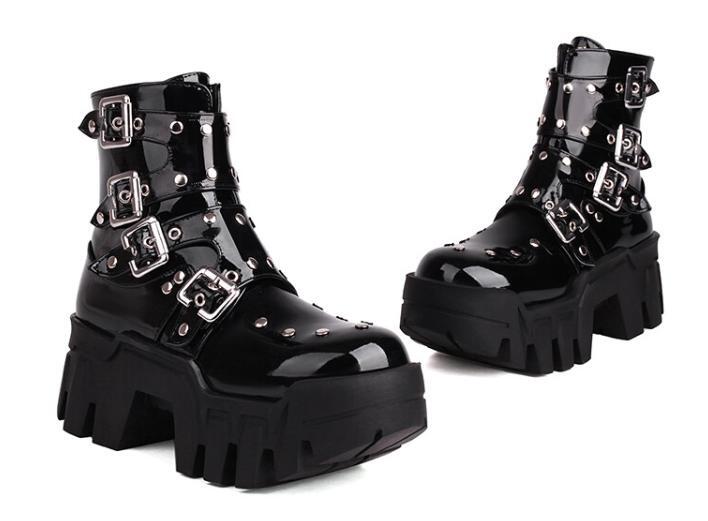 Women’s Lady Buckles Shoes High Block Heel Studded Ankle Boots Shiny Leather New