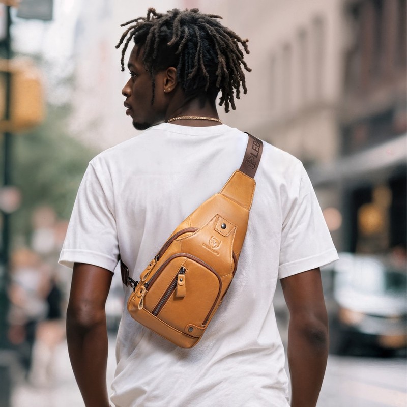 Mens Sling Backpack Cowhide Genuine Leather Chest Crossbody Shoulder Bag New gallery