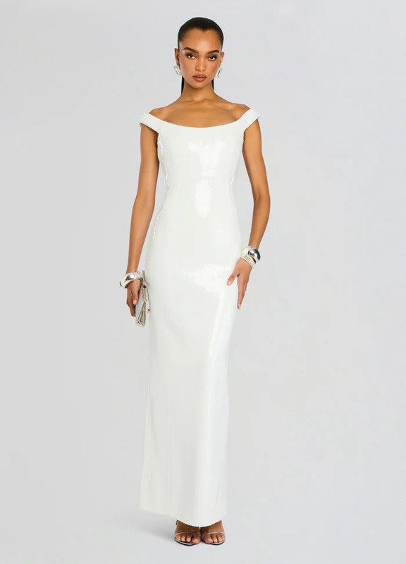 retrofete Off-Shoulder White Column/Sheath Cap Sleeve Full-Length Dress S