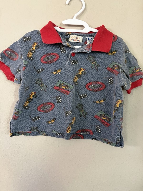 Just Friends Boys 3T Blue/Red Cotton Collared Polo Shirt Cars Graphic Print