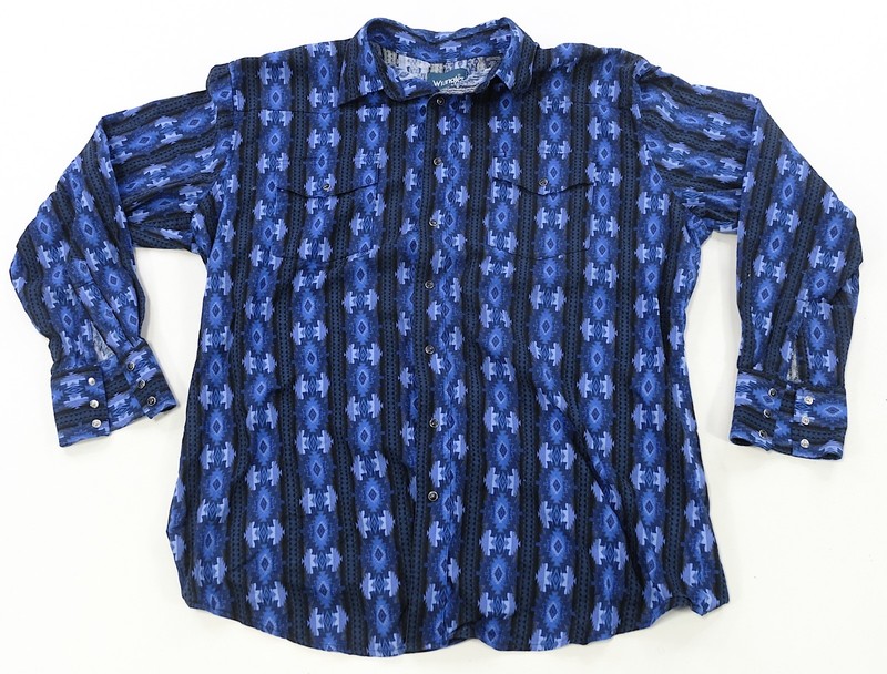 Rare VTG WRANGLER Western Checotah Pearl Snap Shirt 90s Aztec Navajo Blue XLT