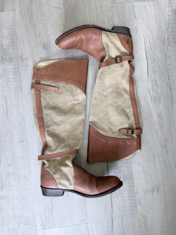 Frye Canvas Riding Boots Womens 9 Tan Leather Canvas Tall Boots gallery