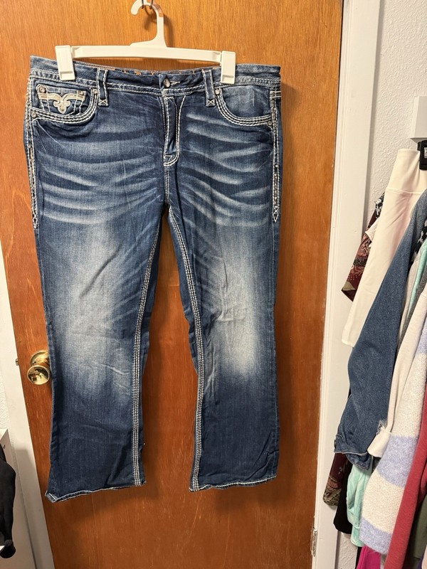 Rock Revival Blue Denim Bootcut Straight Fit Mid Rise Embroidered Jeans