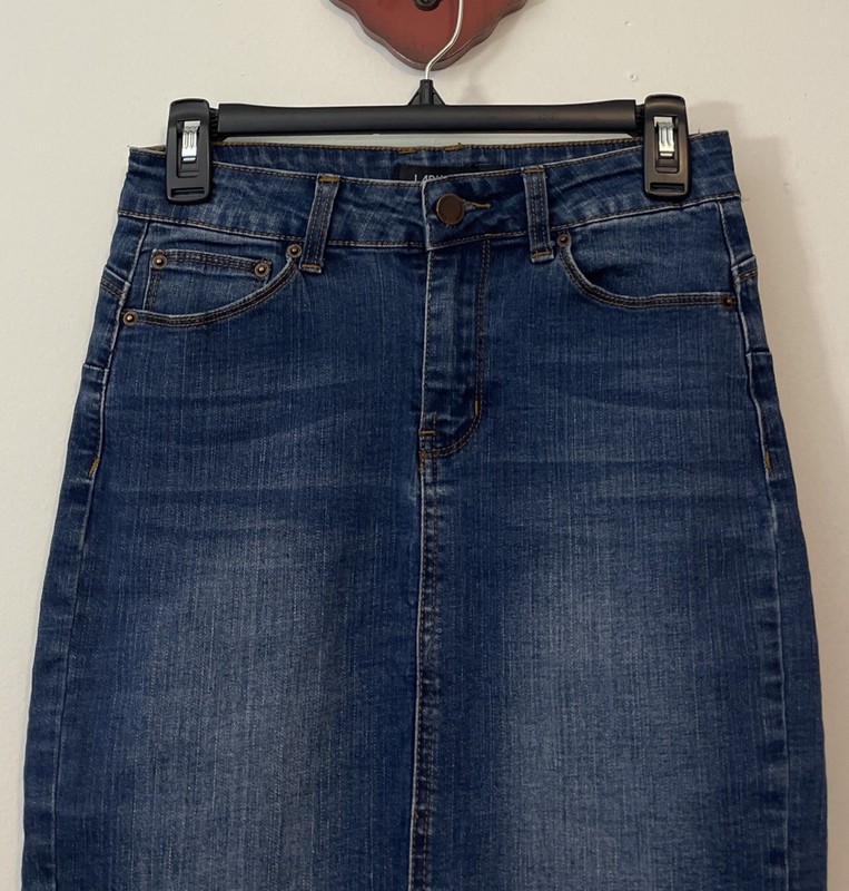 Labijou Womens Small Blue Straight Pencil Knee-Length Frayed Denim Skirt! M1489 gallery