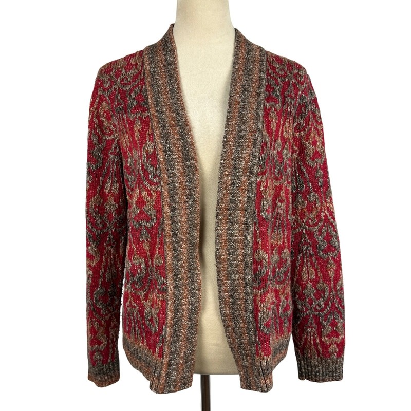 Red Brown Tan Patterned Open Front Cardigan Sweater Womens XL Grandpa Cozy