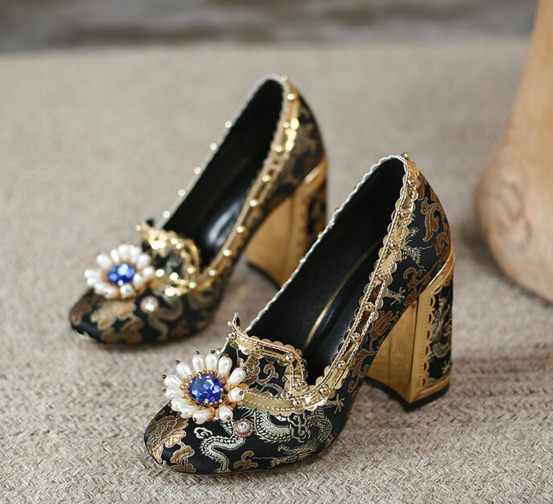 New Womens Beads Rhinestones Embroidery Flower High Heel Pumps Satin Shoes Pumps gallery