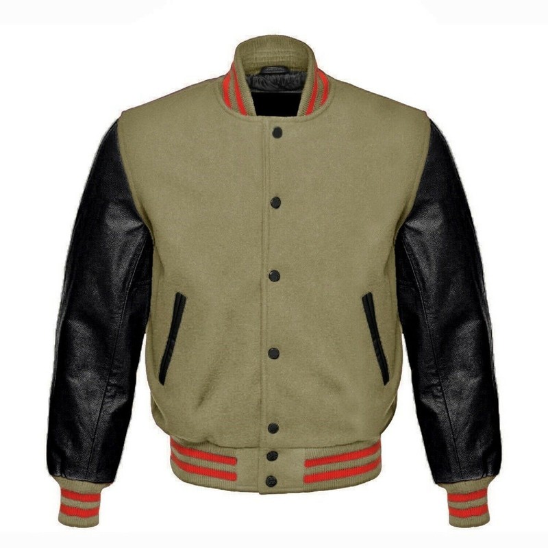 Beige Wool Varsity Jacket Black Leather Sleeves – Red Trim Letterman Style