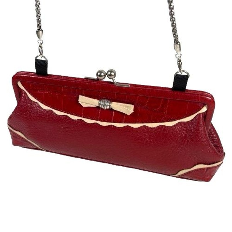 Brighton Red Pebbled & Croc Leather Crossbody Evening Bag Clutch Chain Strap gallery