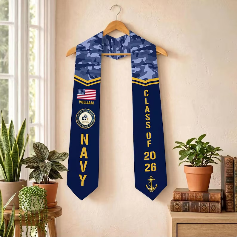 Personalized Navy Veteran Stole, Custom Logo, Custom US Navy Tribute Graduation