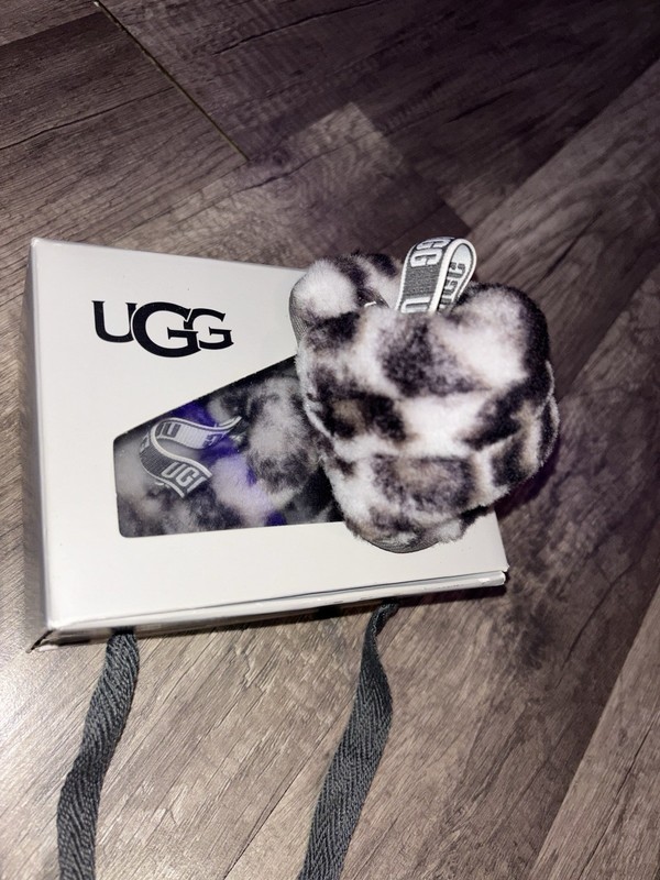 UGG Fluffy Yeah Slide Panther Print Faux Fur Baby Slippers Gray/White 0/1