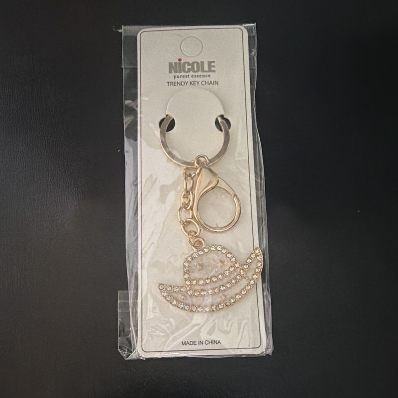 Nicole Key Chain Gold Tone Metal Rhinestone Hat Charm Clip Hook, Clear Stones