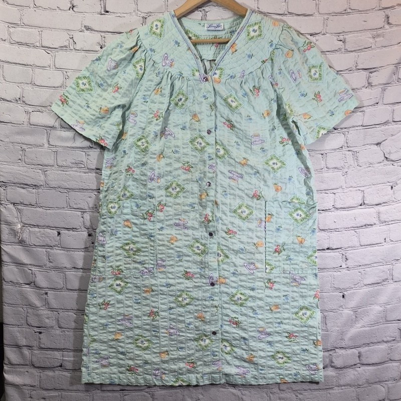 Vintage Leisure Life Housecoat House Dress Robe Womens M Blue Pearl Snap Flaw