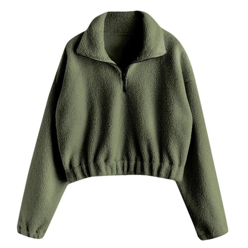 Women’s Long Sleeve Lapel Half Zip Faux Fur Crop Pullover Sweatshirt Top