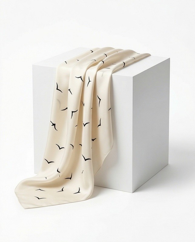 Women’s Cream Bird Print Silk Like Square Scarf Neck Hair Band Wrap gallery