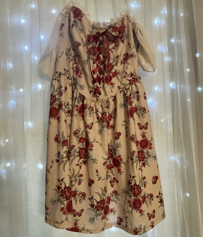 Women’s Beige Floral Butterfly Mini Dress M Square Neck Lace-Up Smocked Puff