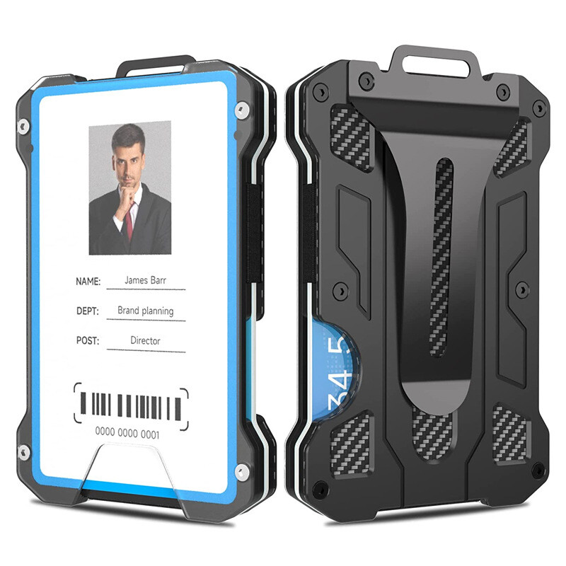 Metal Slim Minimalist Men Wallet Card Holder Money Clip with ID Badge Slot