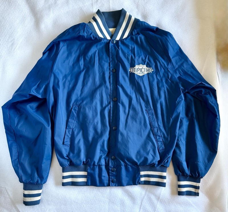 VTG 80s Blue Satin Bomber Jacket Size M Tropicana Casino Atlantic City USA