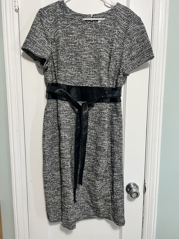 Calvin Klein Dress 14 Tweed Grey Belted Career Corp Office Work Business Capsule