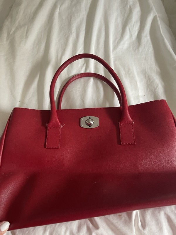 Furla Red Satchel Top Handle Bag Turn Lock Silver Hardware Inner Pockets