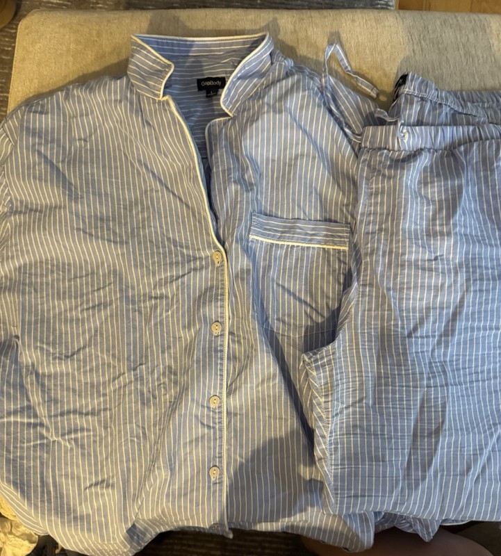 Gap Body Pajama Long Sleeve Pants Set Light Blue and White Stripes Womens Large