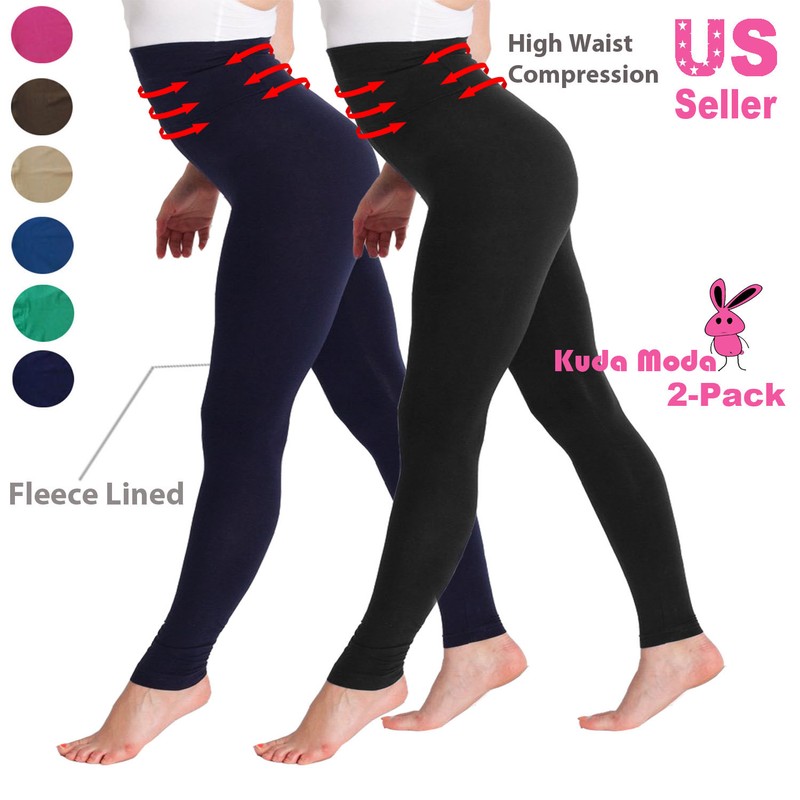 2-Pack High Waist Compression Tummy Control Fleece Lined Footless Legging Pants