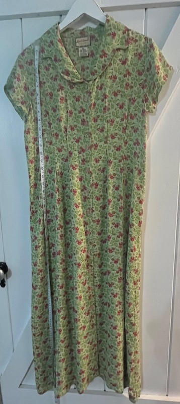April Cornell XS Floral Rayon Maxi Dress Cottagecore Green Pink Button Front