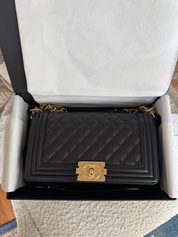 CHANEL Boy Old Medium Black Caviar Aged Gold Hardware Full Set RFID Tag