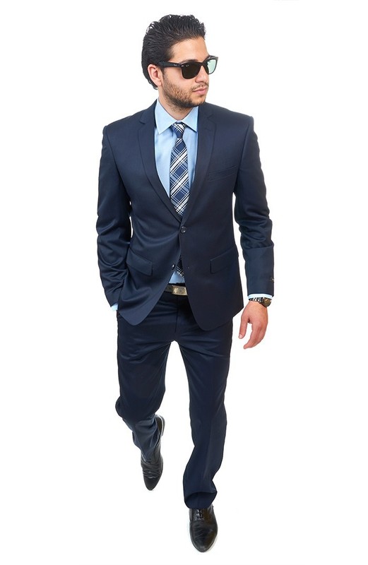 Slim Fit Suit 2 Button Solid Navy Blue Notch Lapel Flat Front Pants By AZAR MAN
