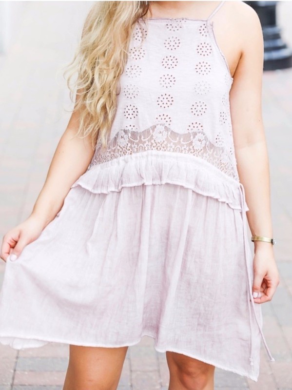 Topshop Pink Eyelet Lace Ruffle Mini Dress V-Neck Strappy Drawstring US 8