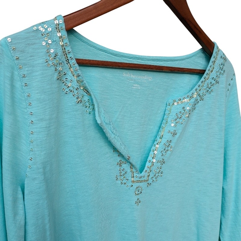 NWOT Soft Surroundings Tunic Top Medium Aqua Blue Beaded Tassel Coastal