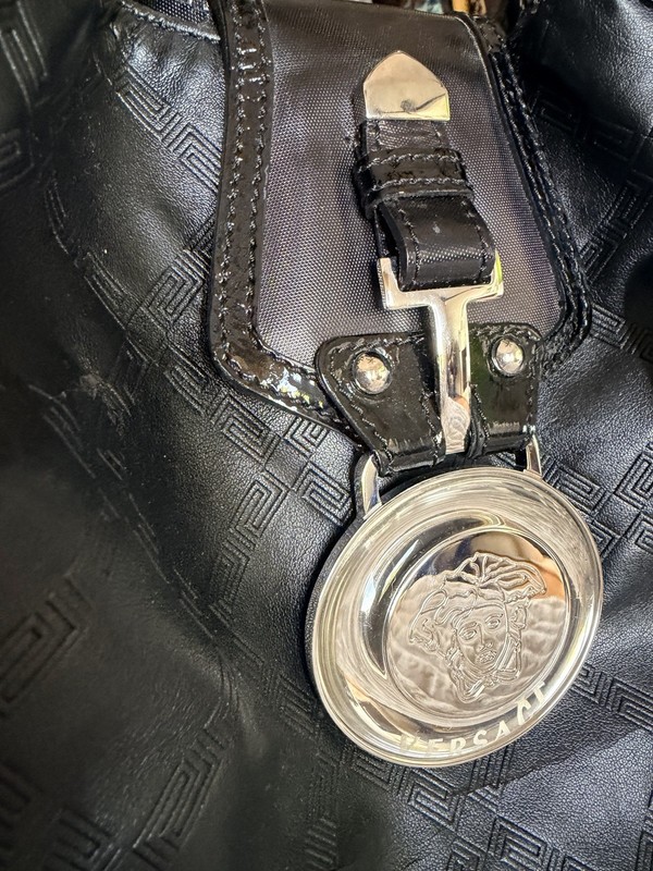 Versace Black Logo Embossed Studded Shoulder Bag Zip Silver HW Dust Bag Card