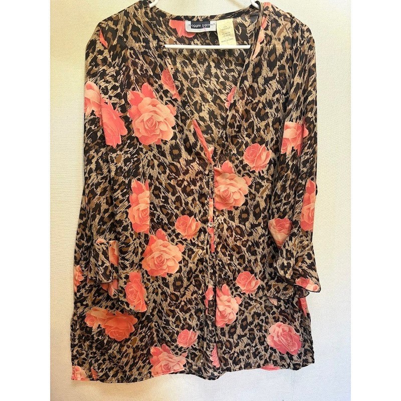 Maggie Barnes Leopard Floral Rose Print V-Neck Blouse Long Sleeve Brown Pink 14W