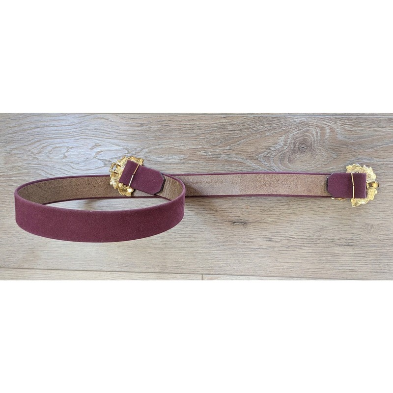 Vintage 90s Statement Belt Womens Raspberry Faux Suede Gold Leaf Buckle Bold gallery