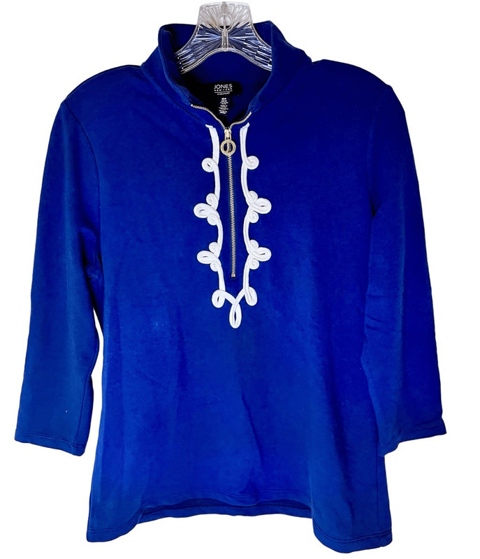 Jones New York 3/4 Zip Front Navy W White Center Swirl Piping Pullover Size Med