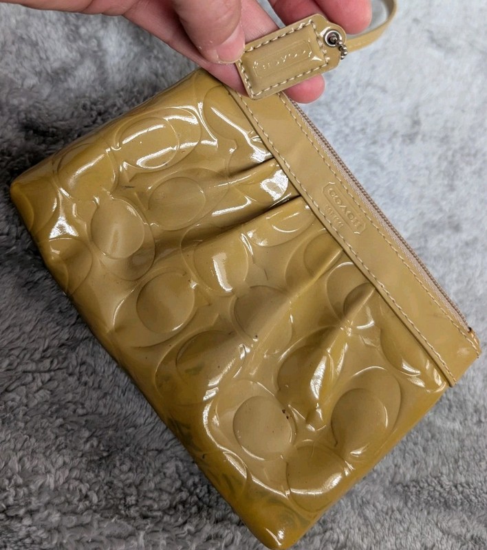 Coach Mustard Yellow Signature Patent Leather Wristlet Embossed Logo Pre-Owned