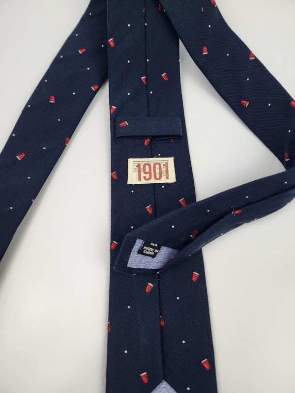 1901 Silk Tie Dark Blue Red Silver Geometric Necktie Skinny 56 x 2.5/8 gallery