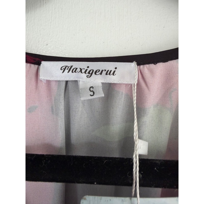 MaxigeruiPink Floral Maxi Dress Long Sleeve V-Neck Smocked Waist Black Small NWT gallery