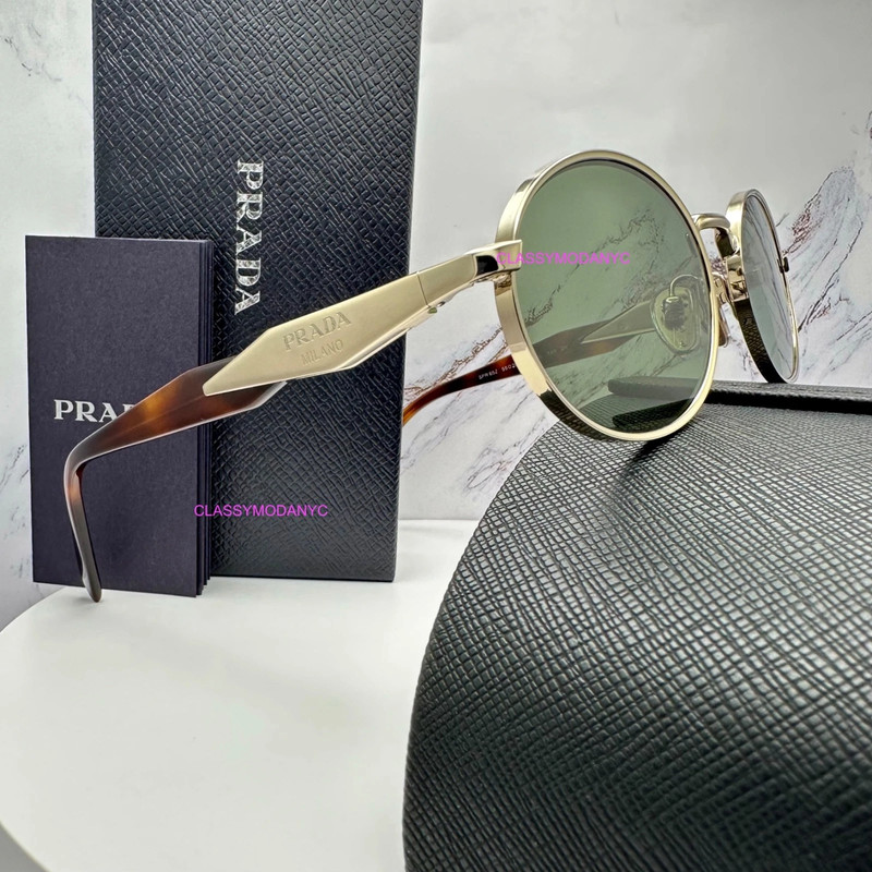 PRADA Sunglasses PR65ZS ZVN70L Gold Metal Oval Round Symbole Logo Brown Tortoise