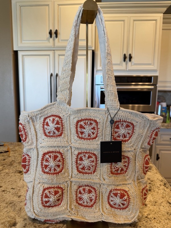 America & Beyond Orange Slice Crochet Beaded Tote Bag Beige