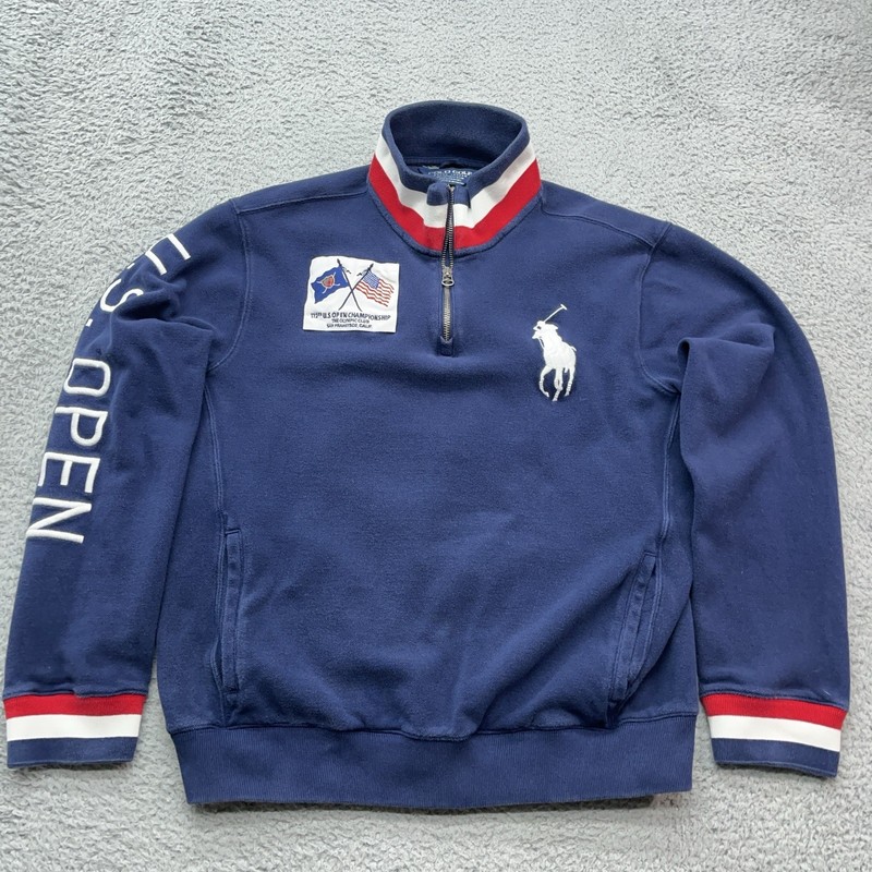 Polo Ralph Lauren Rugby Shirt Mens L Blue 1/4 Zip US Open Golf Pony Embroidered
