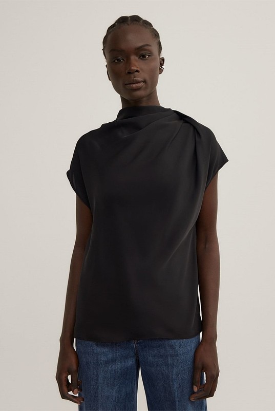 Witchery Tuck Shoulder Top Womens Size 8 Black Evening Cap Sleeve Top NWOT