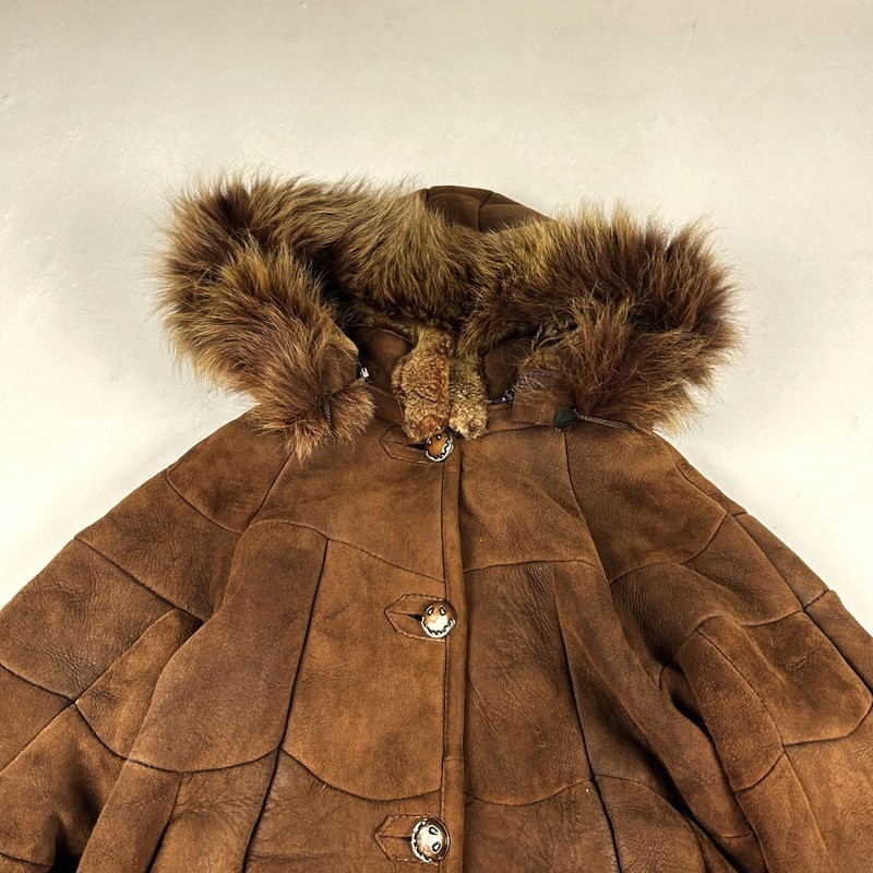 Brown Shearling Coat Fur Hood Long Winter Vintage Leather Warm Cozy Style gallery
